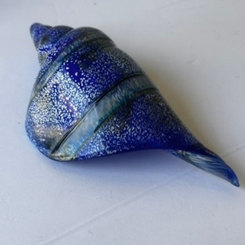 Murano Glass Conch Shell Figurine Cobalt Blue Aventurine Nautical Decor 8.5"